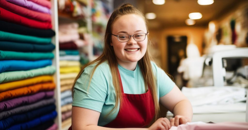 Eine junge Frau mit einer roten Schürze lächelt in die Kamera. Neben ihr sind bunte Stoffe aufeinandergestapelt.